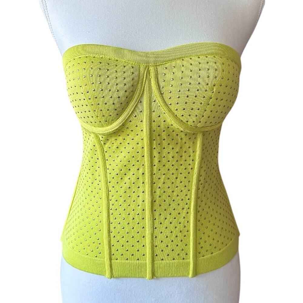 Sweetheart Bustier Knit Corset Top Neon Lime Green Yellow Gold Studs Padded - M
